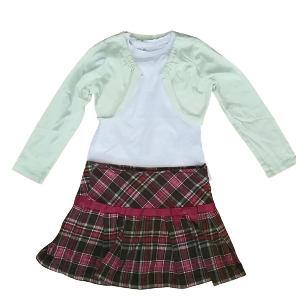 Gymboree Girls Pink‎ & Green Flannel Plaid Skirt with White Shirt & Green Bolero